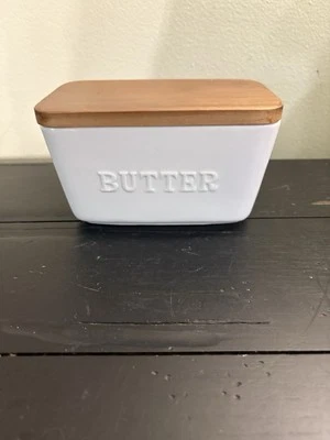 Better Homes & Gardens- White and Acacia Wood Porcelain Embossed Butter Dish - Image 1 of 4