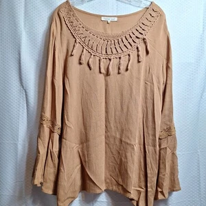 INDIGO SOUL Boho Pullover Top Plus Sz 2XL Caramel Bell Sleeve Tassels Hippie Y2K - Picture 1 of 7