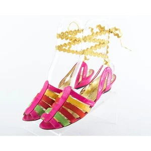 Vintage 1980s Sandals 80s Strappy Leather Suede Colorful Lace Up Shoes US 10 - Picture 1 of 10