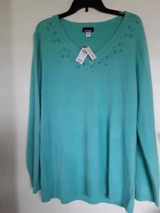 Basic Edition Aqua Beaded V-Neck Pullover Gr. 1X NEU - Bild 1 von 3