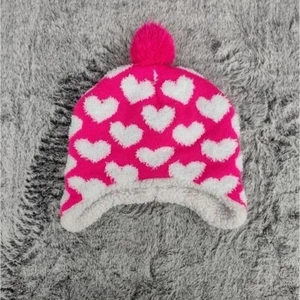 Sherpa Beanie with Pom Pom Hot Pink & White Heart Polka Dots Chunky Barbiecore - Picture 1 of 7