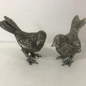 Set of 2 Heavy Silvertone Metal Song Bird Figurines 4x4x2" Detailed Feathers - Picture 1 of 13