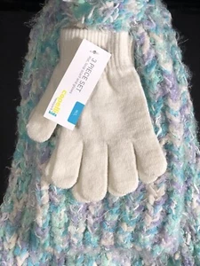Purple Blue White Girls Hat Gloves Scarf New Age 4-6 Knitted Faux Fur Yarn S/M - Picture 1 of 12