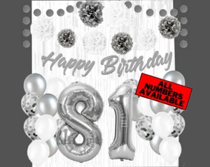 Silver & White 81st Birthday Decorations - 40" Number Balloons &More-Boy or Girl - Picture 1 of 5