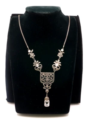 Sterling Silver 925 Marcasite & Cubic Zirconia Statement Pendant 20" Necklace - Image 1 of 4