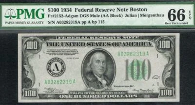 $100 1934 Boston Mule FRN. TOP POP NOTE.  Pop Report: 3/0. PMG 66 EPQ - Image 1 of 3