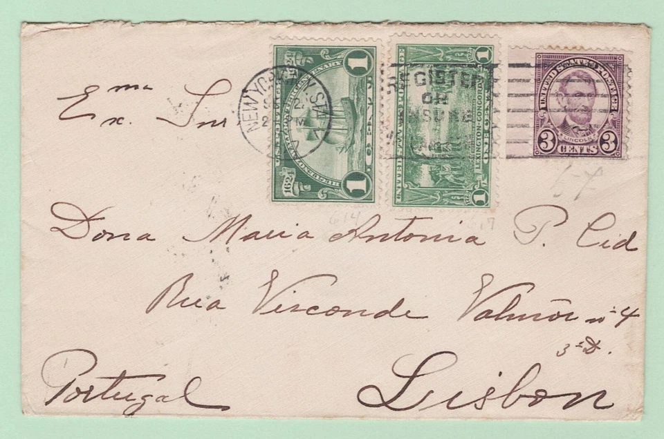 US #614 & 617 Commems & 3¢ #555 on 1927 [Sep 22] Cover NYC to LISBOA PORTUGAL - Image 1 of 2