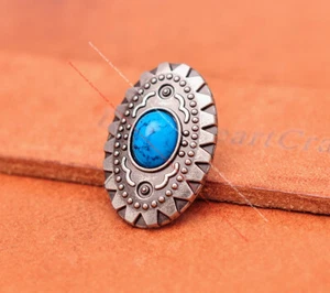 10X Antique Silver Leathercraft Belt Bridle Saddle Turquoise Floral Oval Concho - Picture 1 of 43