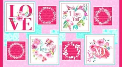 Panel de bloques de letras de amor, corazones y flores de Henry Glass, tela de algodón Foto 1 de 4