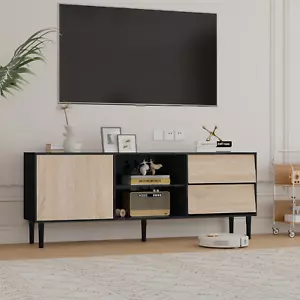 70"+ MidCentury TV Stand w/2Drawers+Storage Oak Media Console Living/Office - Picture 1 of 7