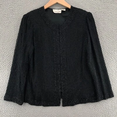 Chaqueta Laurence Kazar Mujer Pequeña Pequeña Negra Seda Cuentas Sin Cuello Noche Foto 1 de 4