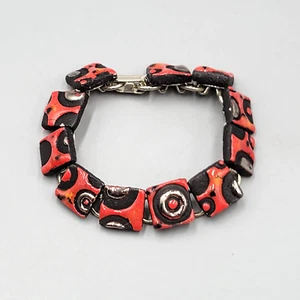 Pulsera de eslabones artesanales vintage polímero rojo cuadrados geométricos tono plata 7" - Imagen 1 de 9
