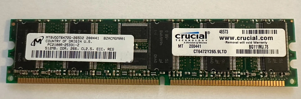 Micron 512MB PC2100 DDR-266MHz Memory (MT9VDDT6472Y-256D2) - Image 1 of 1