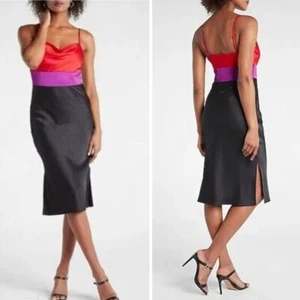 New! EXPRESS Women’s Satin Color Block Tier Cowl Neck Midi Slip Dress, size M - Picture 1 of 20