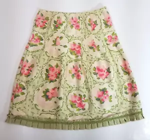 J JILL Wms S A-Line Floral Pleated Hem Linen Skirt Green Pink Beige - Picture 1 of 14