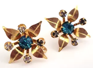 Orecchini Vite Posteriore Bugbee & Niles Verde Acqua e Strass Fiore Colore Oro 1" - Foto 1 di 4