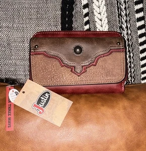 Justin RFID Women’s Leather 3 Ways Wristlet /Crossbody /Clutch Red Brown NWT - Picture 1 of 9
