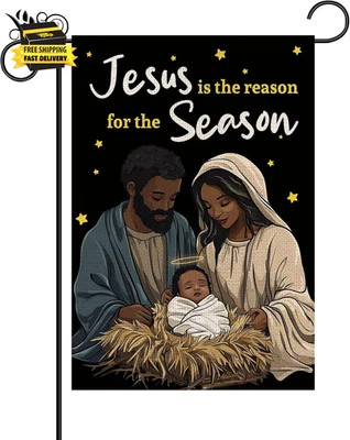 Christmas Garden Flag Black Santa Jesus Is the Reason for the Season Stars Doubl - Image 1 of 4