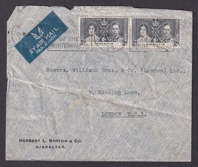 GIBRALTAR 1937, Cubierta de correo aéreo a Londres Reino Unido Foto 1 de 3