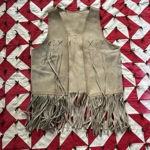 Vintage 1970s Beige Leather Fringe Vest As Is Worn Flaws Hippie Boho - Picture 1 of 12