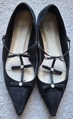 Zara - Cuero Negro Gamuza Triple Cinta Banda Cruzada Punta Plana - Talla 39 Foto 1 de 4