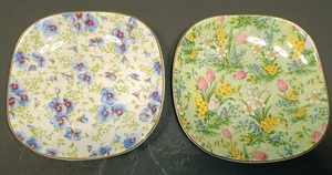Made In England Dessert Square Plates with Gold Trim Flowers Set of 2 - Picture 1 of 12