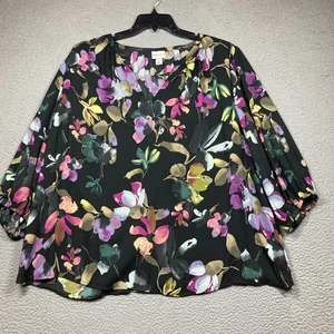 Ava & Viv Top Women's Plus 2X Black Dark Floral Semi Sheer 3/4 Sleeve V Neck - Picture 1 of 9