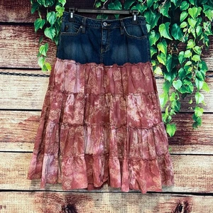 Jalate Denim Stufen Midi Rock Größe 6 Mixed Media Jeans Rüschen Boho Sternzeichen Henna - Bild 1 von 5