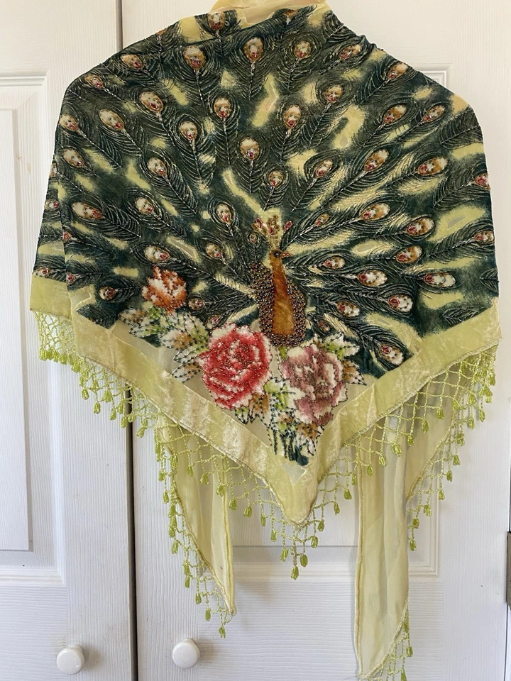 Bufanda o chal con cuentas de terciopelo Burnout flecos de pavo real verde claro boho vintage Foto 1 de 4