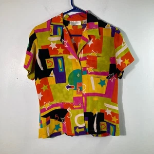 Dana Buchman Seide Camp Hemd Abstrakt Geometrisch Print Knopf Kurzarm 6 - Bild 1 von 7