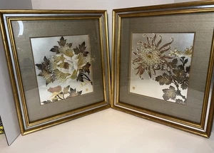 2 Vintage Chokin Japanische Gerahmte Kunst Gold Silber Kupfer Pfingstrose Chrysantheme - Bild 1 von 13