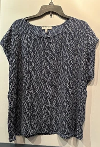 Chaus New York Women’s Navy Blue White Print Cap Sleeve Blouse XL EUC - Picture 1 of 2