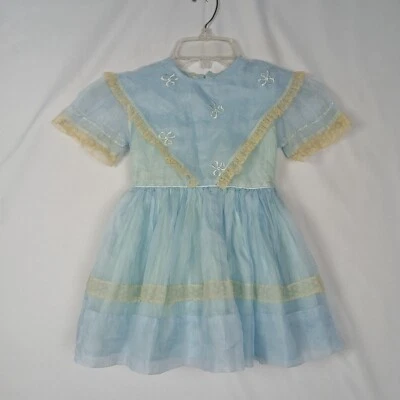 Vintage 1950s Patty Dee Blue Organza Toddler Girls Dress Size 3 Lace Trim - Image 1 of 4