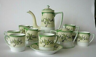 Art Deco Noritake Green Cherry Blossom Coffee Set/ Pot,Jug,Bowl,6 Cups & Saucers • 150.55£