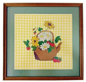 Teapot & Daisies Framed Finished Cross Stitch Strawberries Yellow Gingham 13.5" - Picture 1 of 4