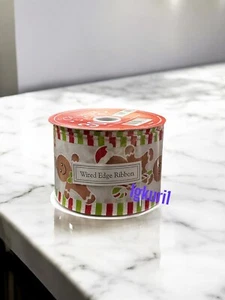 Gingerbread Man Candy-cane Glitter Wired Edge Ribbon - 2.5” x 30 Ft New - Picture 1 of 3
