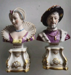 2 19th C. Antique Fine Porcelain Marguerite De Navarre Francois I Bust Figurines - Picture 1 of 15
