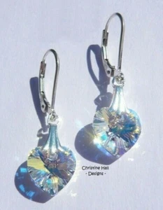 925 Sterling Silver Swarovski Elements CRYSTAL AB Heart Leverback Earrings + Box - Picture 1 of 8