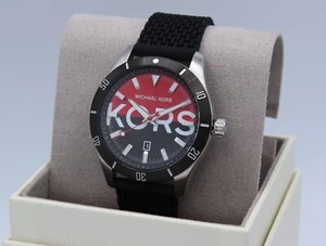 NEW AUTHENTIC MICHAEL KORS LAYTON BLACK SILVER RED SILICONE MEN'S MK8892 WATCH - Picture 1 of 14