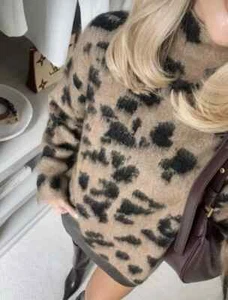 NWT H&M Oversized Mohair-blend Mock Turtleneck Sweater Beige/Leopard Print M, L - Picture 1 of 8