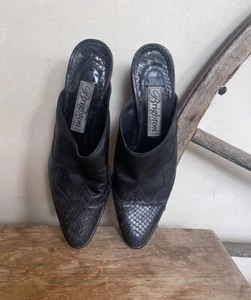 BRIGHTON Black Soft Leather & Reptile Embossed Western Cowgirl Mules 6.5M Italy - Picture 1 of 12