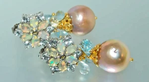 Aquamarine Opal Pink Edison Pearl Gemstone Briolette Earrings Sterling Silver - Picture 1 of 6