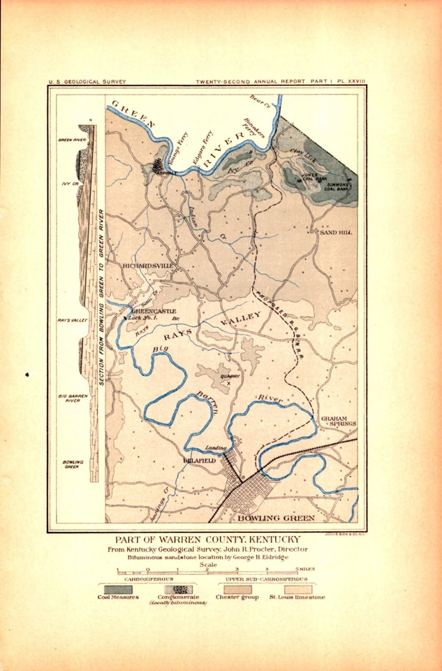 Mapa geográfico auténtico antiguo 1901 BOWLING GREEN, WARREN COUNTY, KENTUCKY Foto 1 de 1
