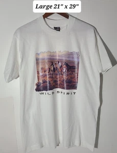 Vintage 90s Horses "Wild Spirit"  White Large T-Shirt Single Stitch Made in USA - Picture 1 of 5