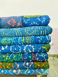 Coperta Vintage Kantha Stampata A Blocchi Tinta Indigo In Vendita - Foto 1 di 10