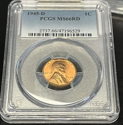 1945 -D LINCOLN WHEAT CENT PCGS  GRADED MS66 RED ACTUAL COIN SHOWN #G337 - Image 1 of 2