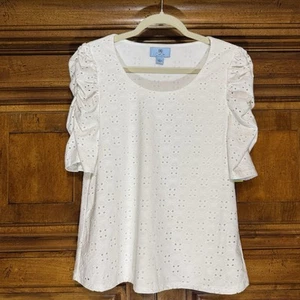 CeCe Eyelet Embroidered Knit Blouse Women’s S Ultra White Ruched Sleeves NWT - Picture 1 of 10