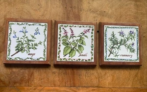 3 Botanical Herb Ceramic Tiles Kitchen Decor Rosemary Basil Sage VTG 60s/70s - Picture 1 of 5