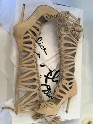 Alice+Olivia 7 37 Naomi Knee High Beige Suede Lace Up Sandals $550 - Image 1 of 4