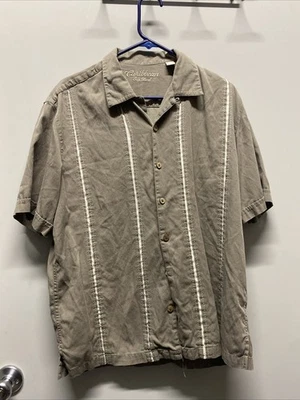 Camisa Caribeña Para Hombre L Gris Rayas Mezcla Seda Manga Corta Botón Texturizado Playa Foto 1 de 3